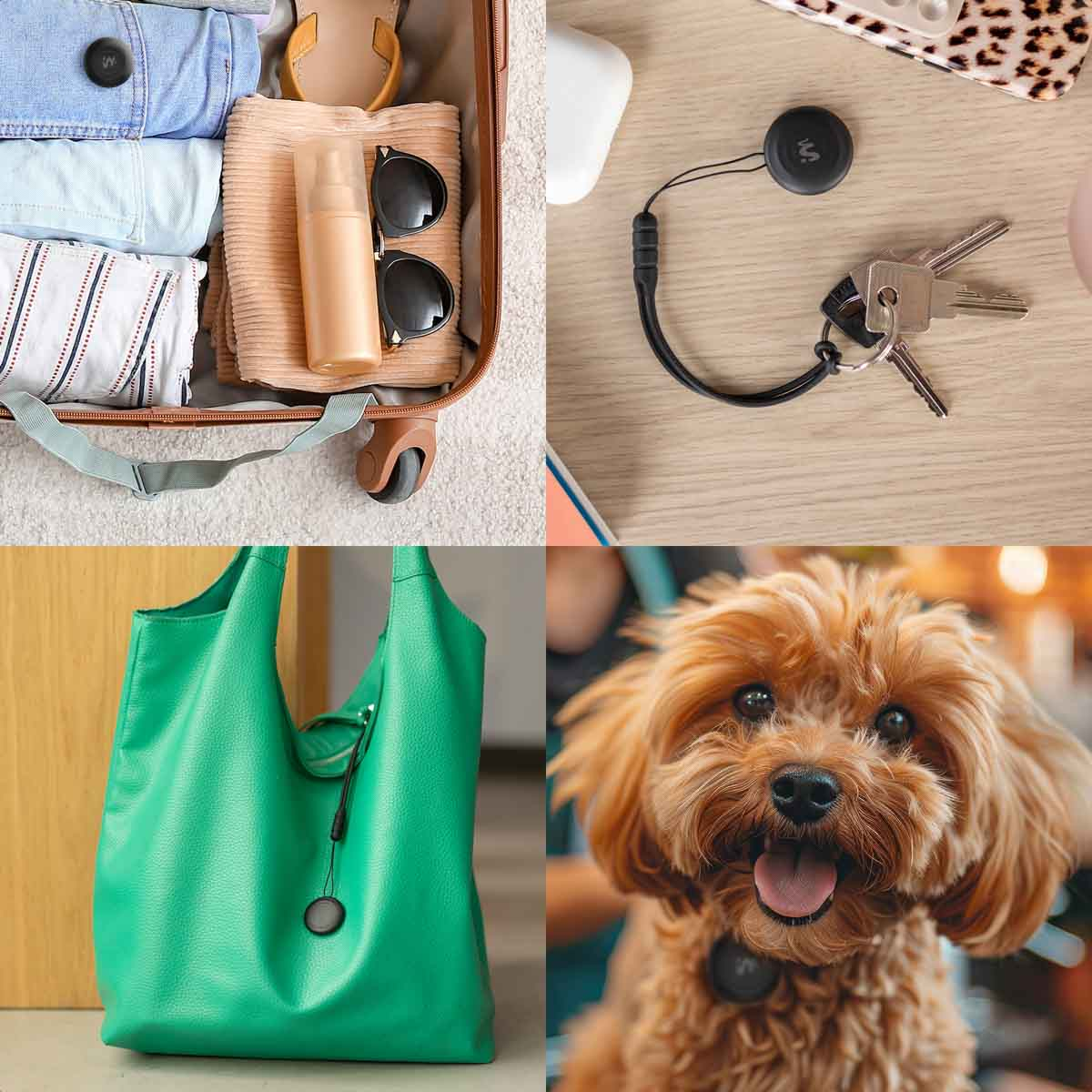 Four images. Suitcase, keys & tag, handbag, and a dog with a tag. All items have tags.
