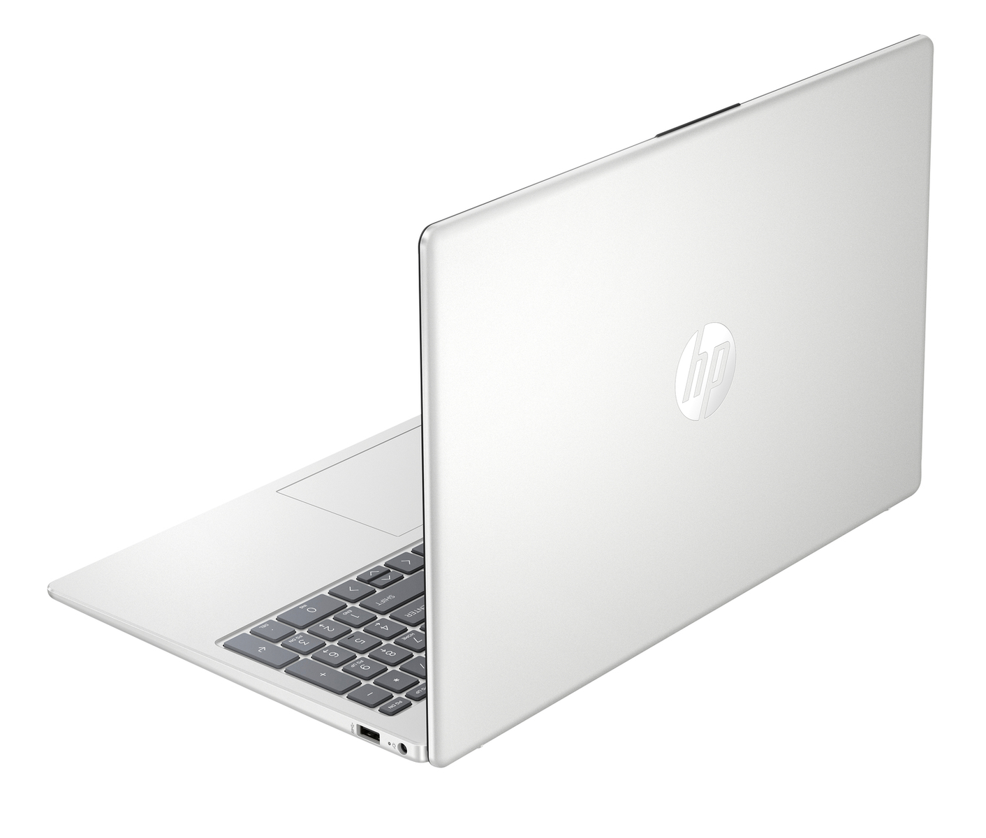 Un portátil blanco, en ángulo, mostrando el teclado y la parte trasera. El logotipo de HP es visible en la tapa.