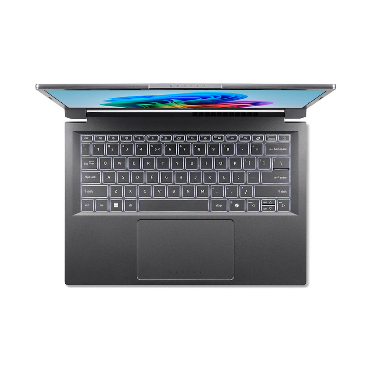 Ordenador portátil, abierto, vista superior. Cuerpo plateado, teclado iluminado, panel táctil. Pantalla muestra colorida. Fondo blanco.
