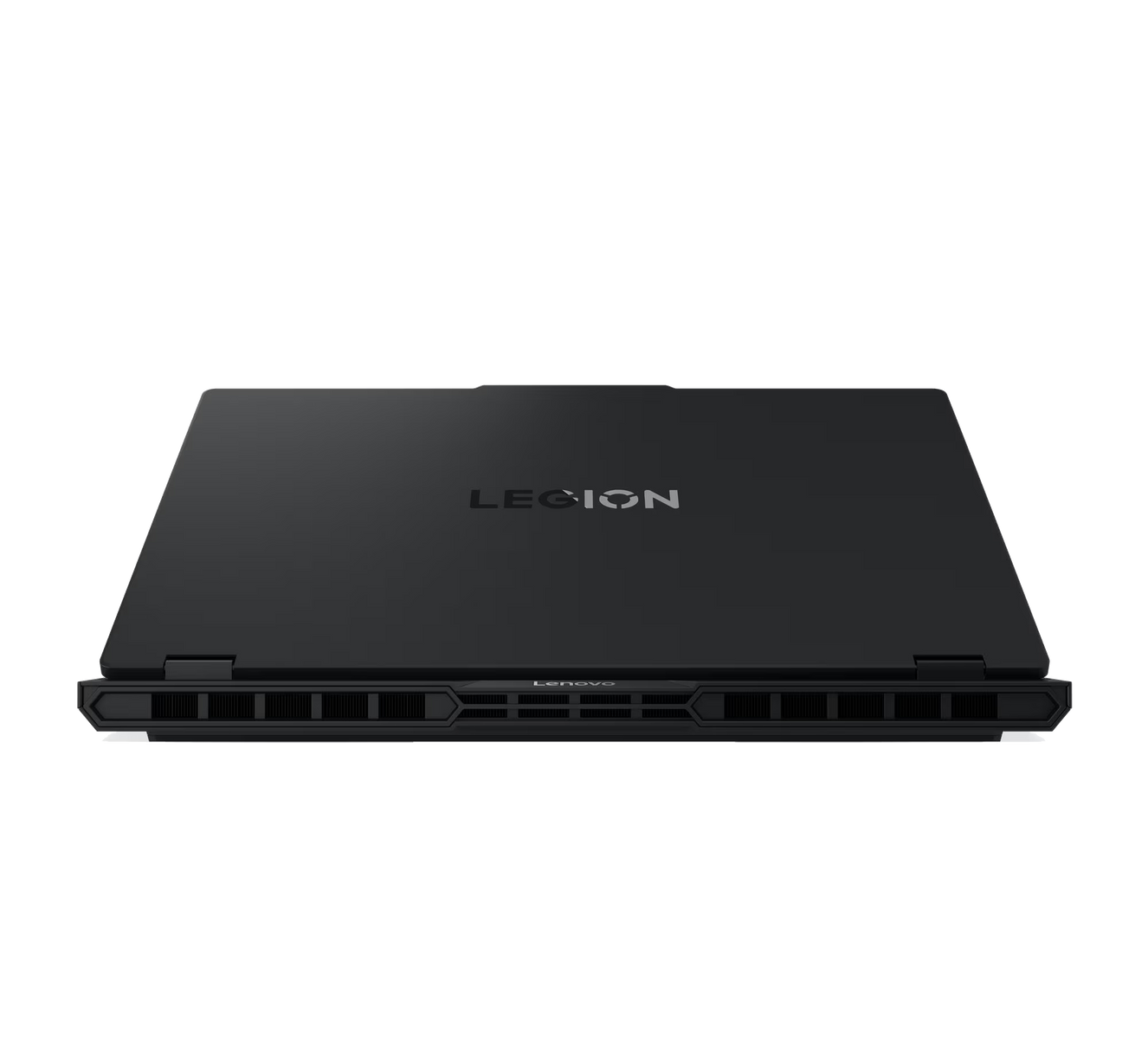 Parte trasera de un portátil negro con el logo Legion y la marca Lenovo. El portátil está cerrado.