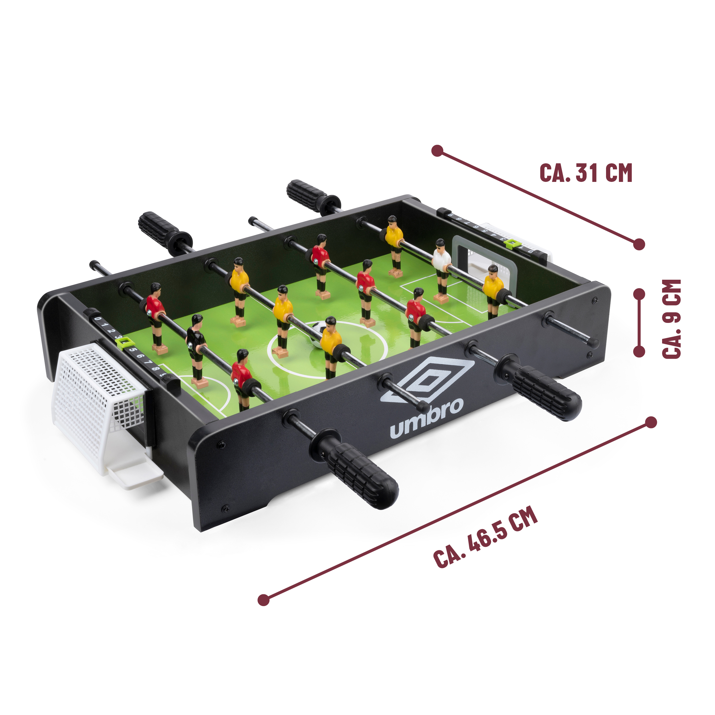 Table football game with its dimensions labeled. The frame is black, field green, and players are red and yellow.