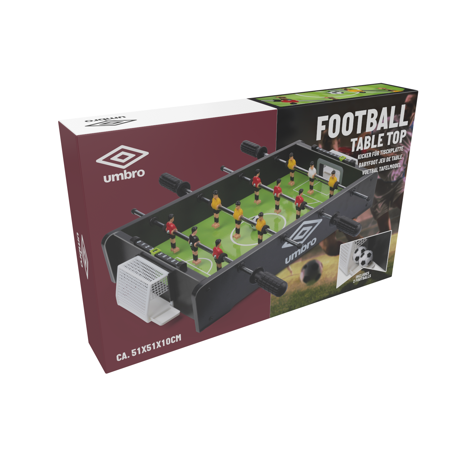 Boxed table football game with red and yellow players, designed for tabletop play.