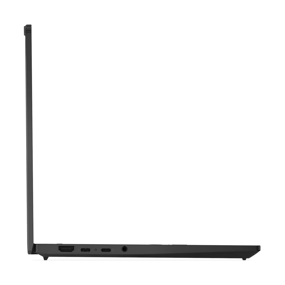 Czarny laptop widziany z boku. Ekran jest zamknięty, a strona pokazuje porty i grubość.