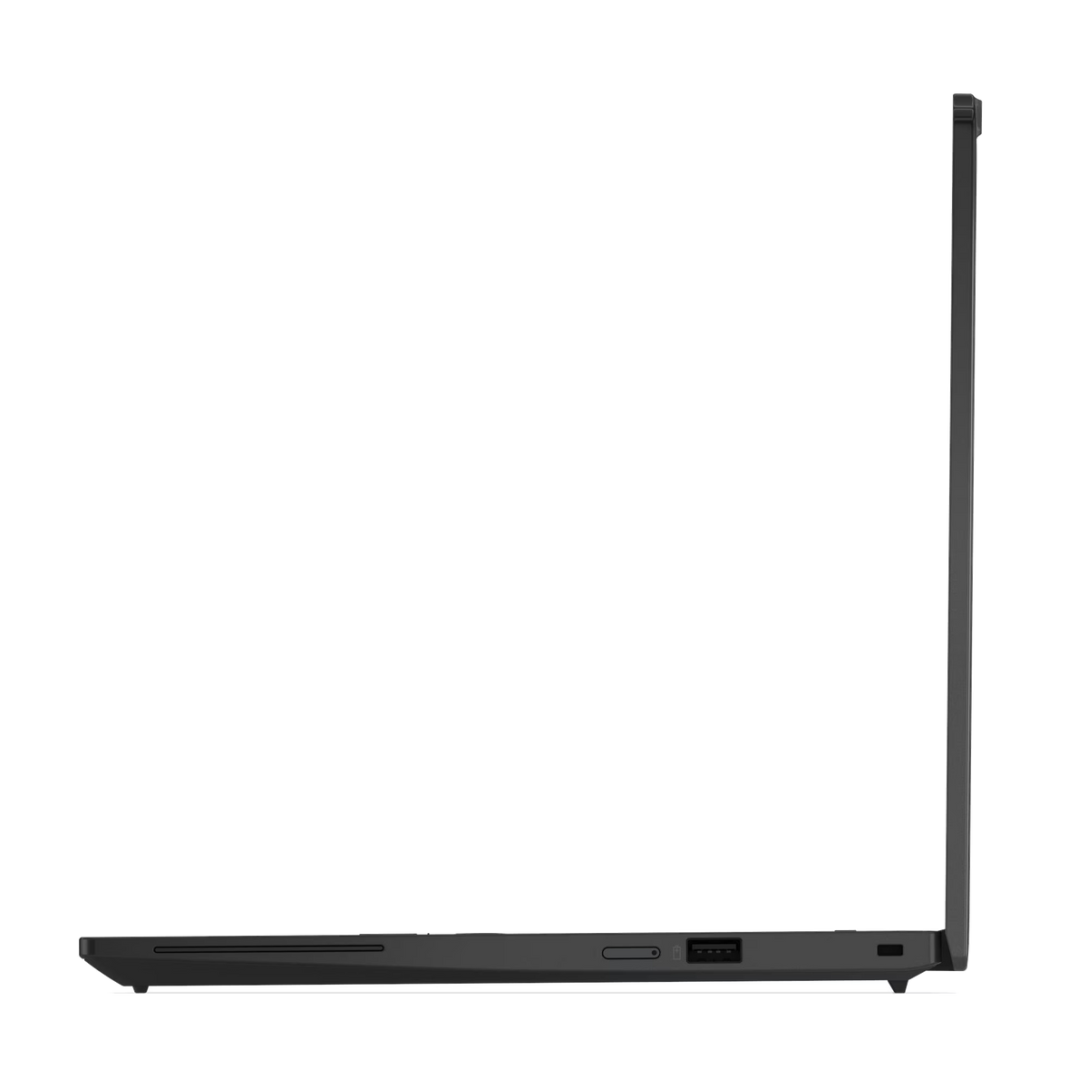 Profil boczny czarnego laptopa, zamknięty. Bok pokazuje porty i grubość.