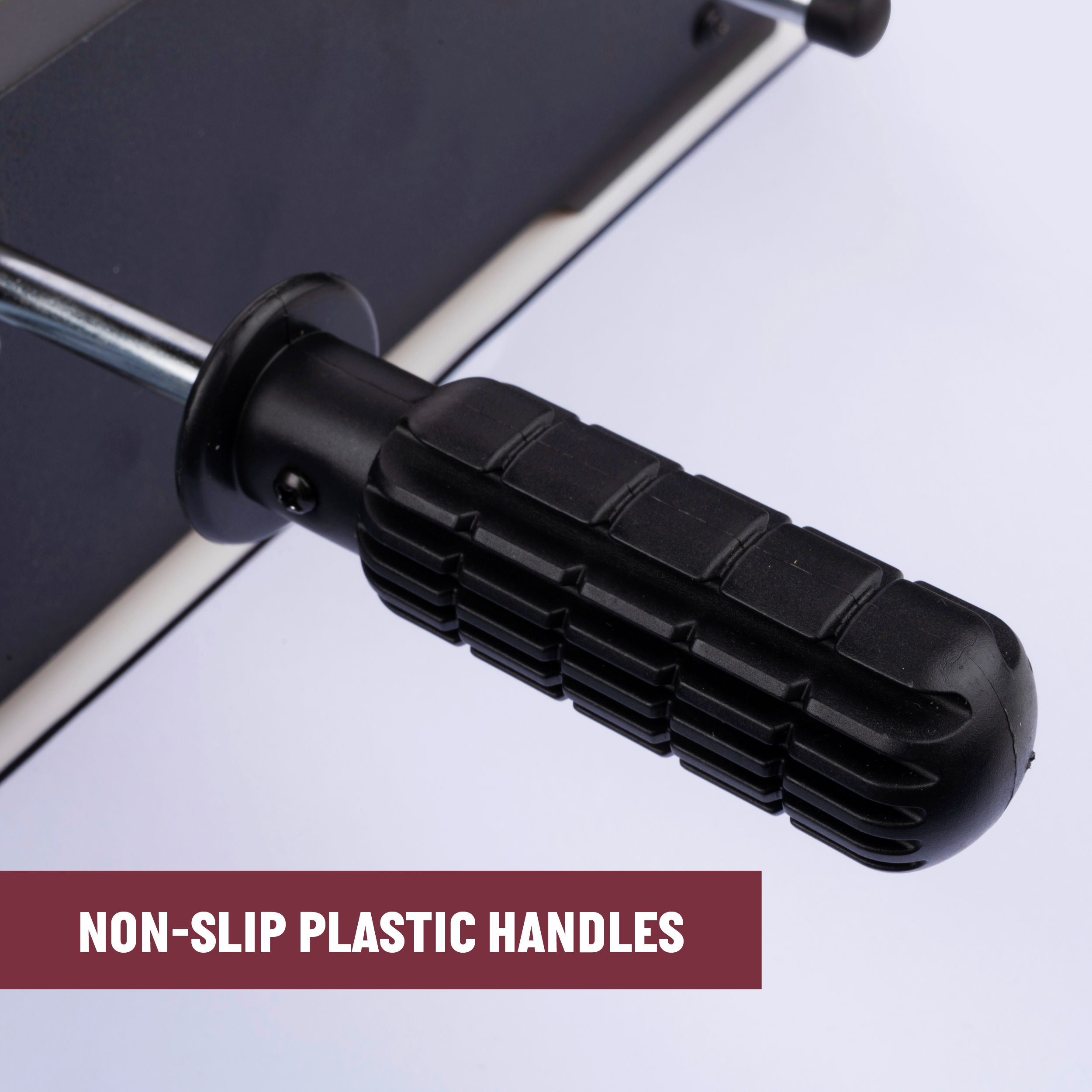 Black handle. A close-up of a black handle with the words "NON-SLIP PLASTIC HANDLES" at the bottom.