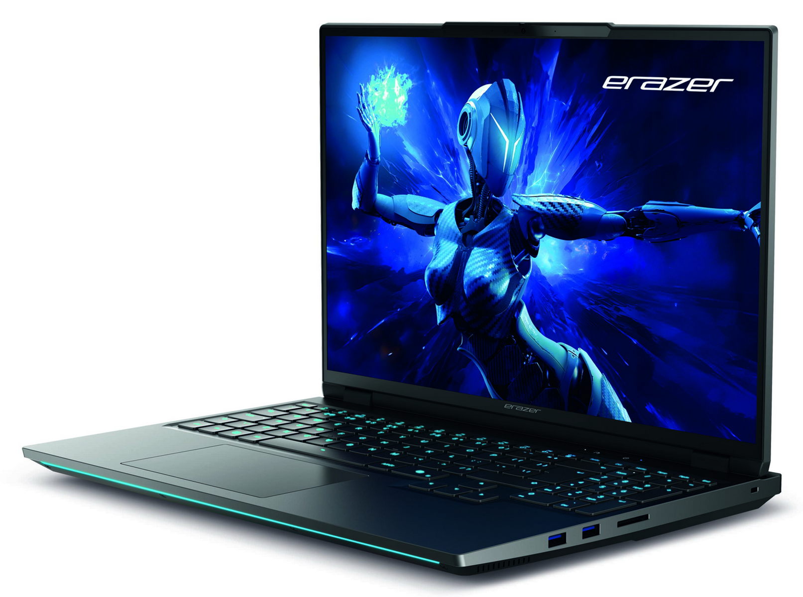 Portátil con pantalla futurista. La pantalla muestra una imagen futurista de un robot y energía azul.