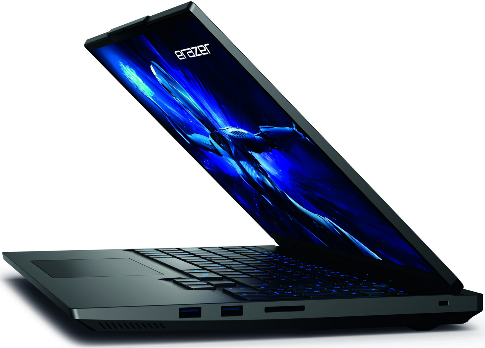 Portátil Erazer negro abierto en ángulo. Pantalla muestra diseño abstracto azul. Teclado con retroiluminación azul. Fondo blanco.