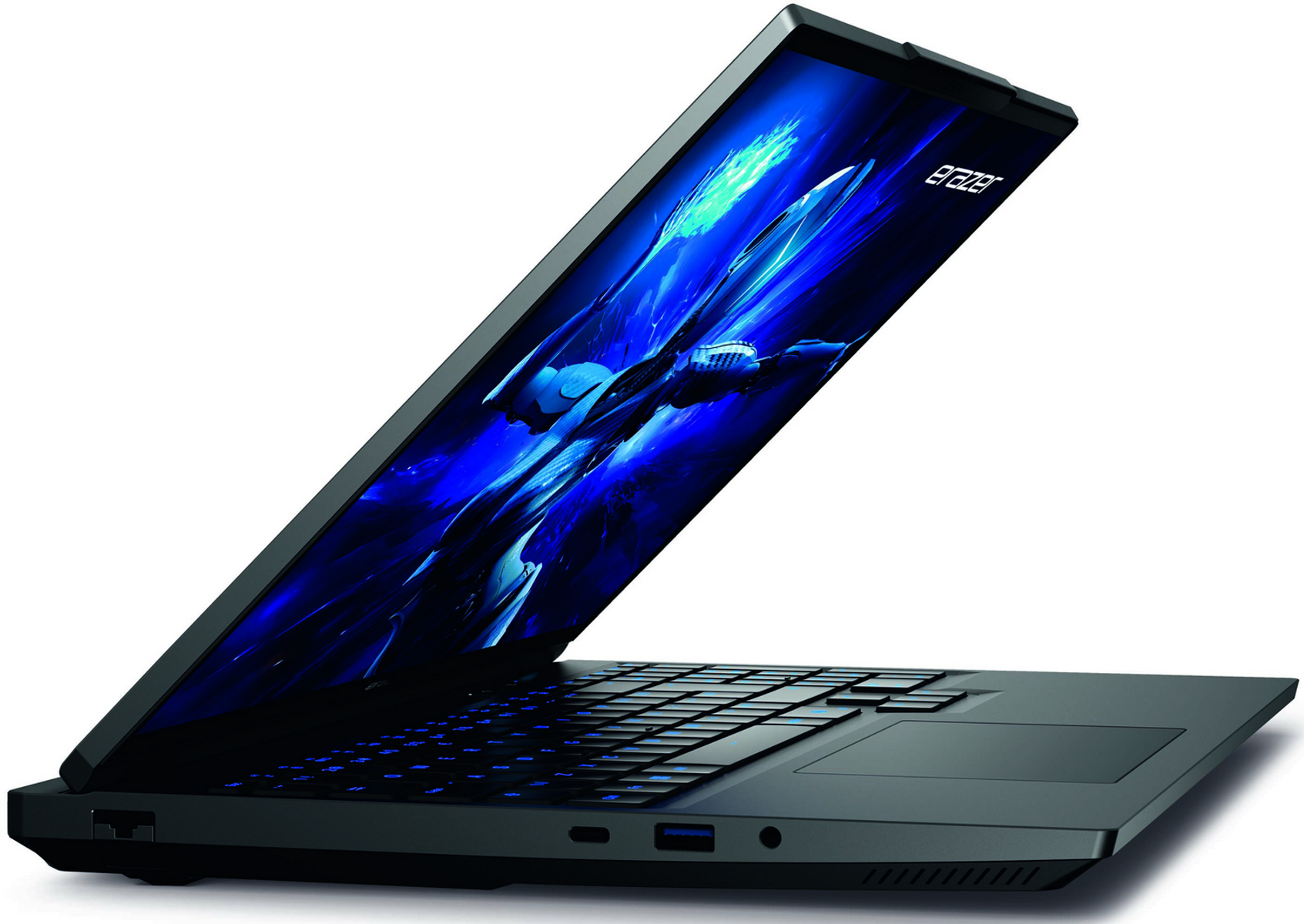 Una computadora portátil negra está abierta en ángulo. La pantalla muestra una imagen azul y negra, y se ve el teclado.