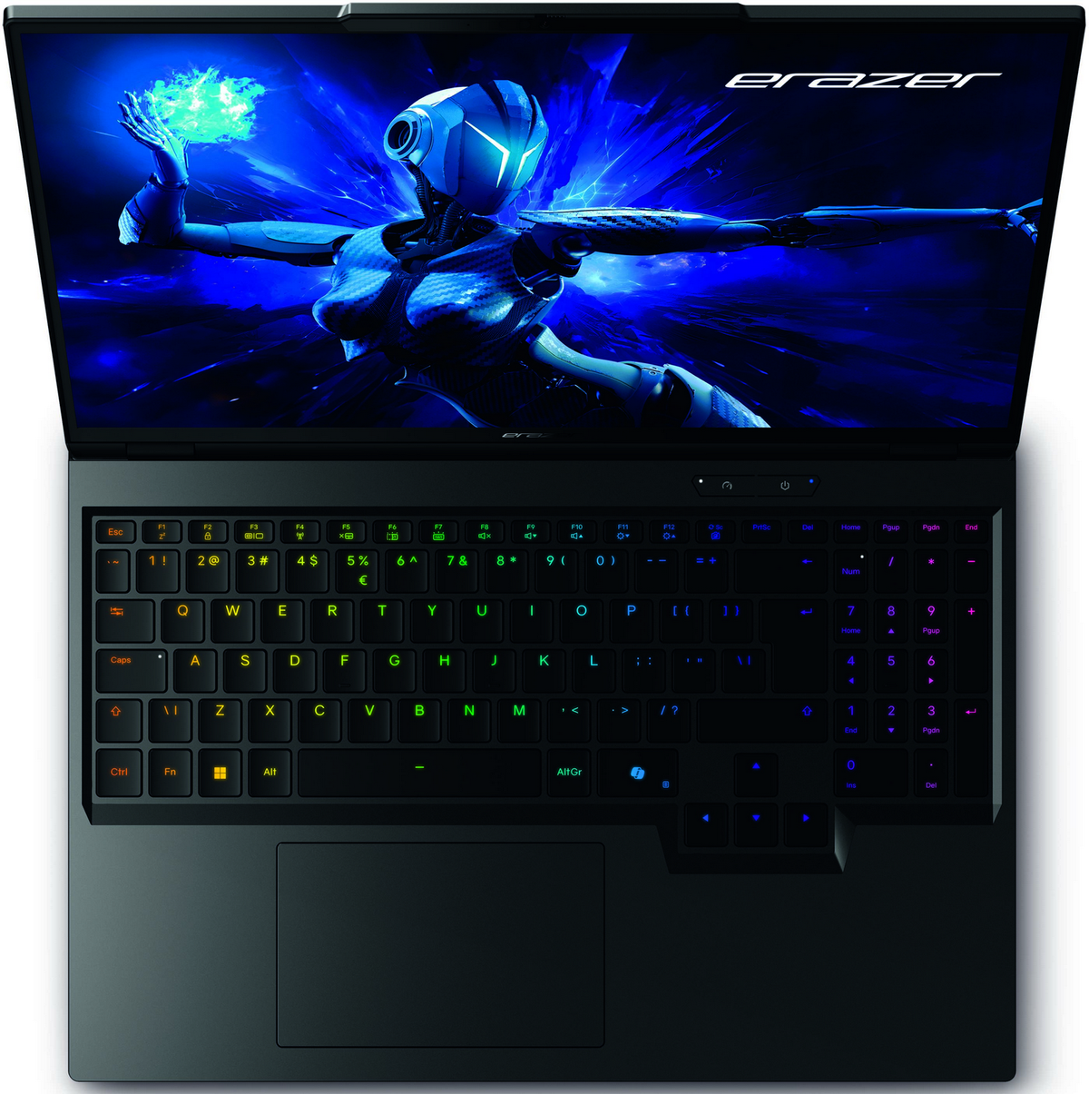 Portátil negro con un personaje futurista en la pantalla y una distribución de teclado colorida. Vista desde arriba.