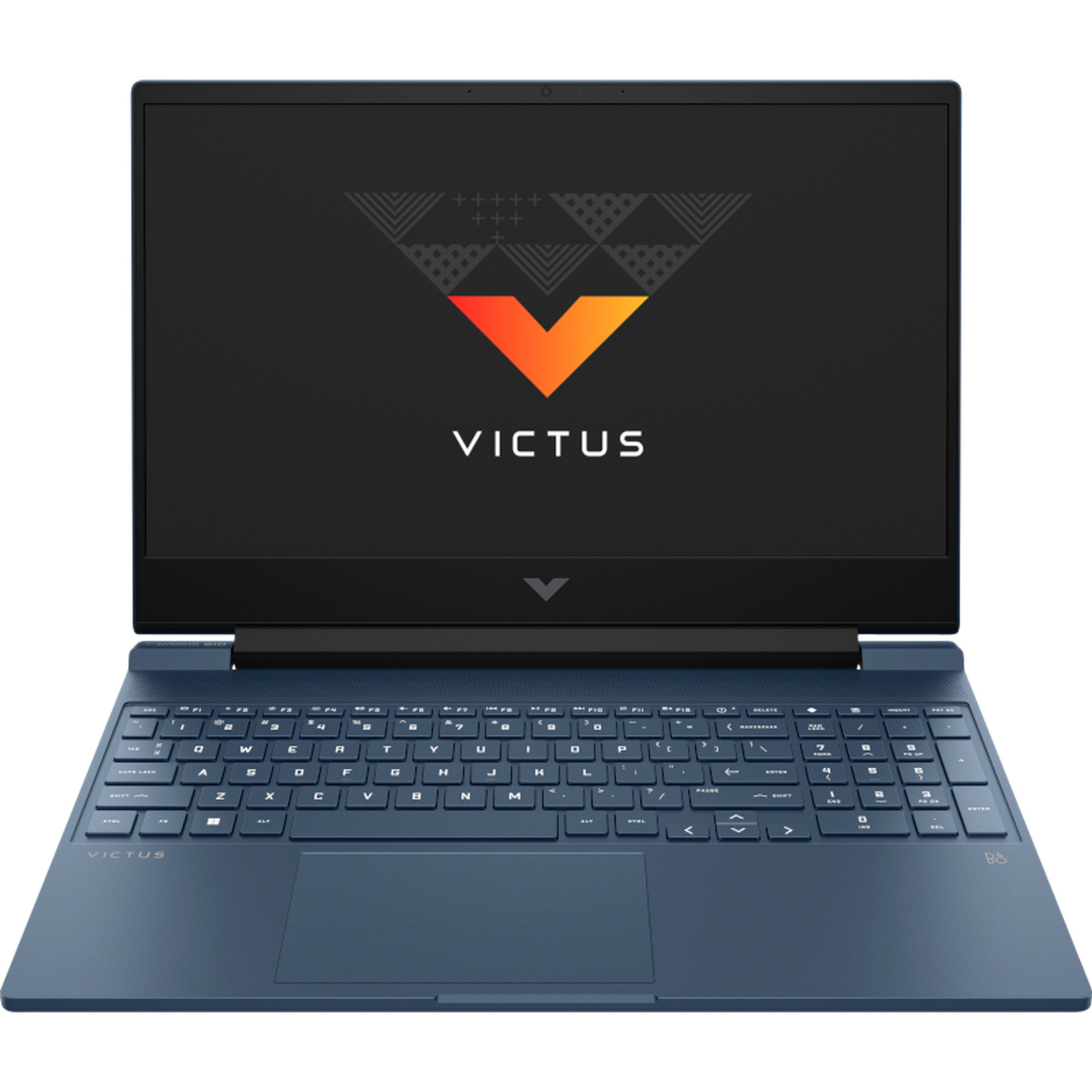Portátil azul abierto sobre una superficie negra. La pantalla muestra un logo y texto: VICTUS.