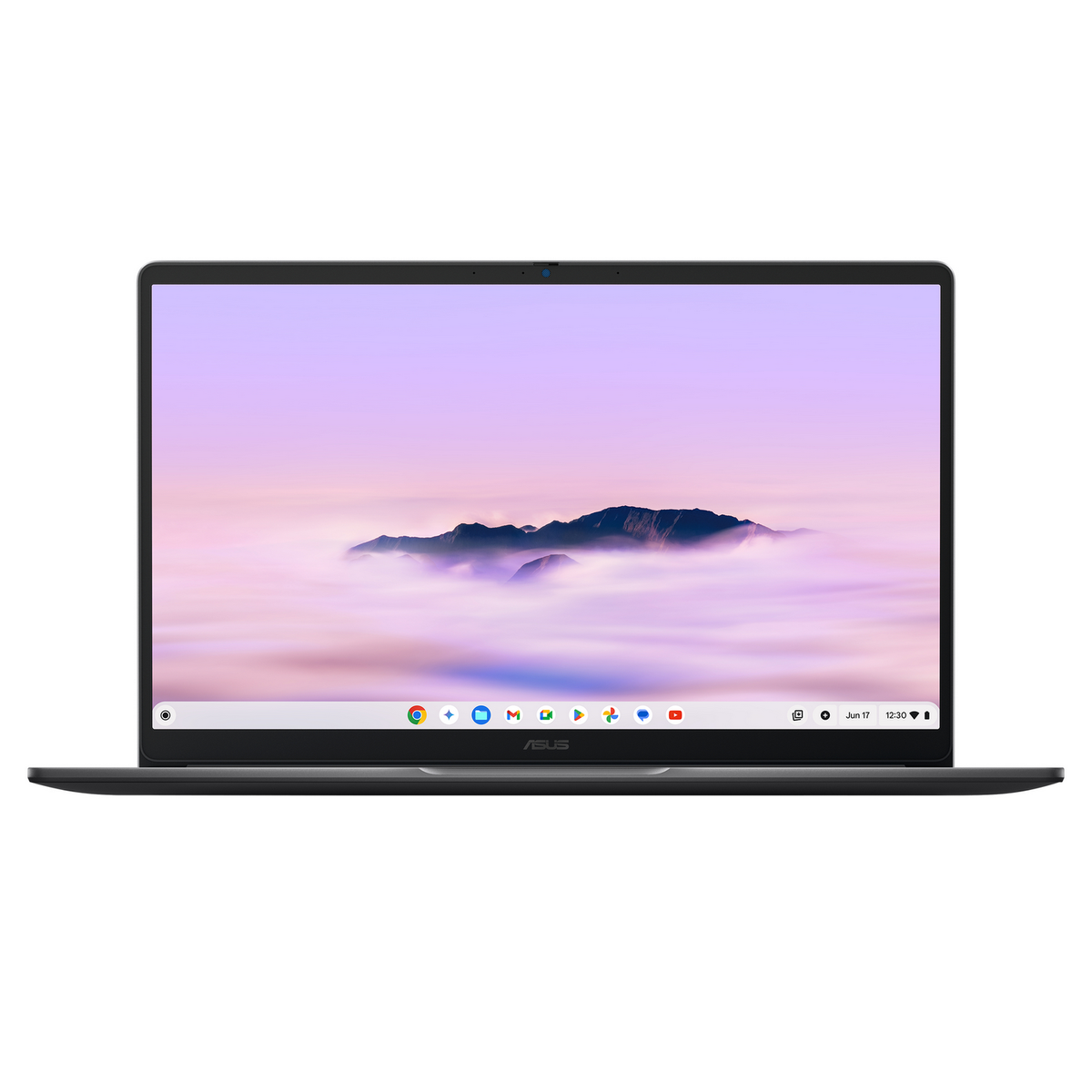 Portátil con pantalla morada clara. La pantalla muestra un paisaje. El teclado es negro.