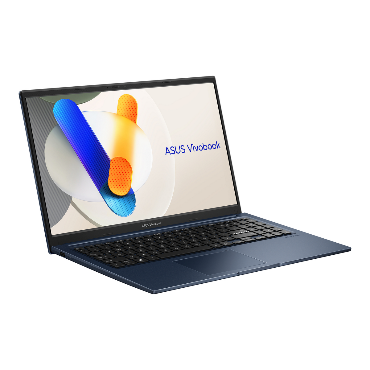 Un portátil azul, ligeramente angulado, sobre un fondo blanco. La pantalla muestra el logotipo de ASUS Vivobook.