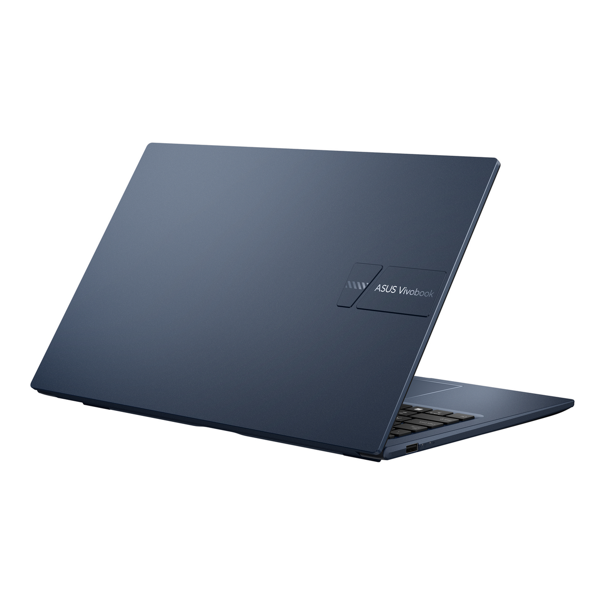 Portátil, vista trasera. Azul oscuro. Logotipo de ASUS Vivobook en la esquina.