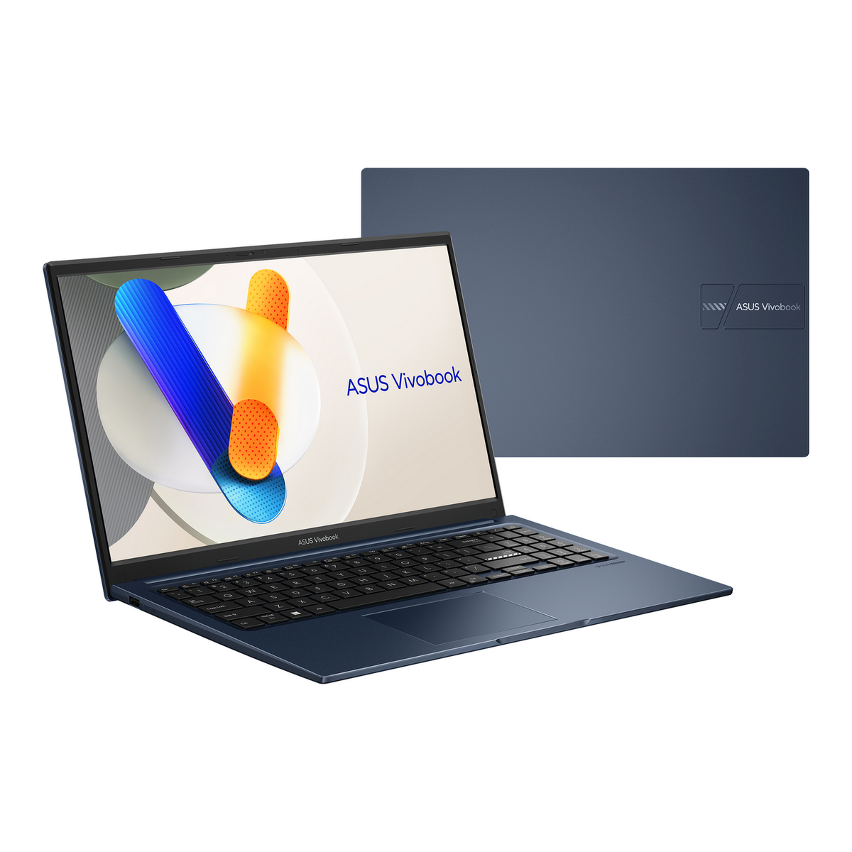 Portátil abierto, con la pantalla mostrando un logotipo y un diseño azul y naranja.