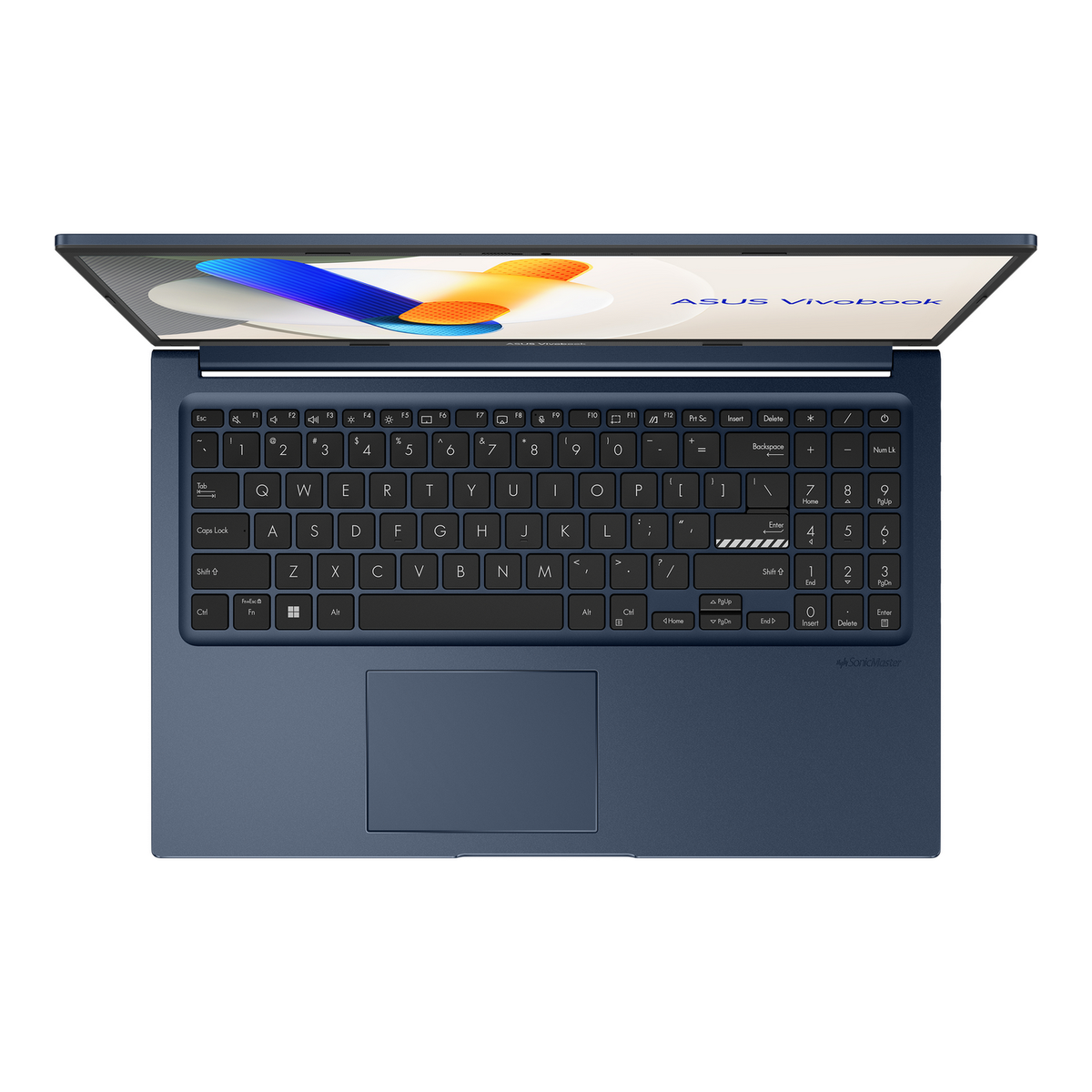 Portátil azul desde arriba. El teclado es visible, con el logotipo de ASUS Vivobook en la pantalla. Fondo blanco.