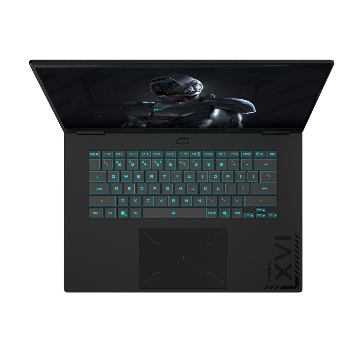 Vista superior de laptop. Negro con teclado iluminado, mostrando un gráfico futurista en pantalla.