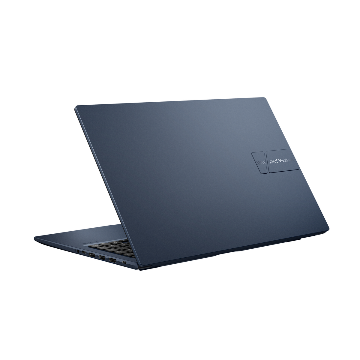 Laptop azul, vista en ángulo. La tapa está abierta, revelando la parte trasera con el logotipo de ASUS Vivobook.
