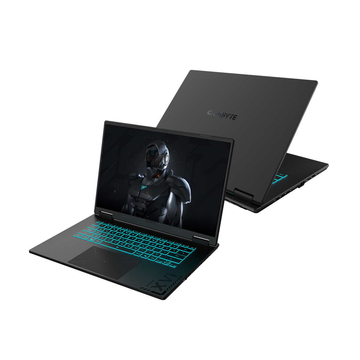 Laptop negro, dos a la vista. Uno abierto, mostrando un gráfico futurista. El otro cerrado, logo 'GIGABYTE'.