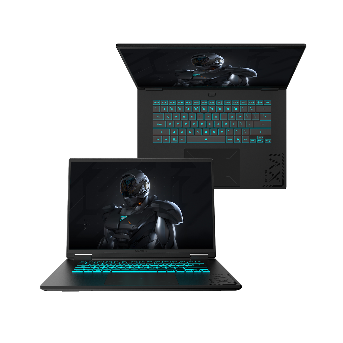 Laptop negro, dos vistas. Uno abierto con teclado iluminado, uno cerrado con logo GIGABYTE.
