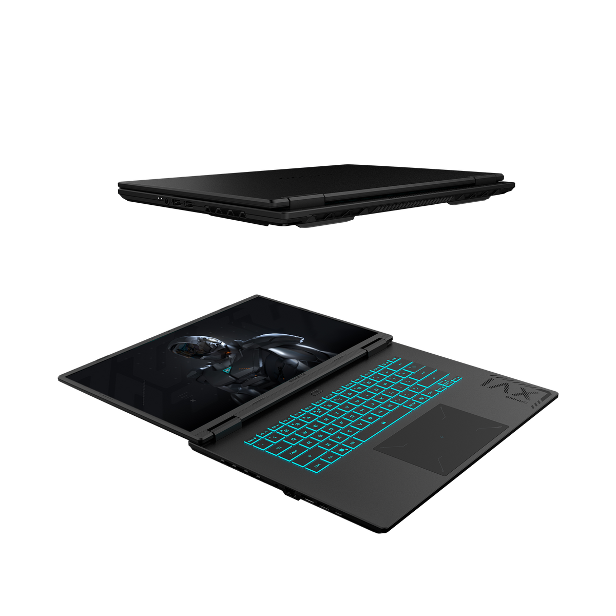Laptop negro, dos vistas. Uno abierto con teclado iluminado, y otro cerrado.