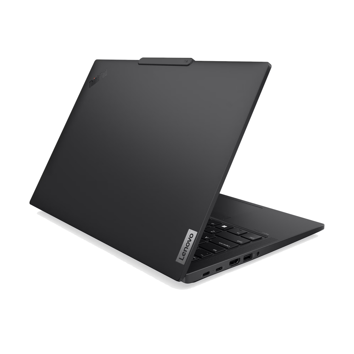 Czarny laptop ThinkPad jest częściowo otwarty. Ekran jest zamknięty, a klawiatura widoczna.