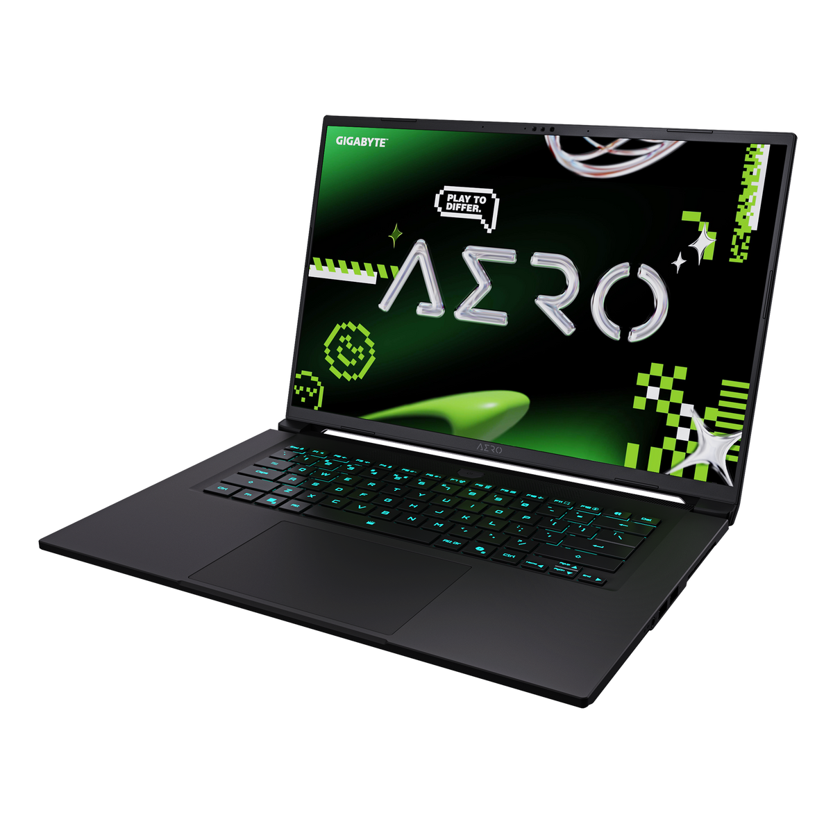 Un portátil negro está abierto en ángulo, mostrando una pantalla de juego. Se ve el teclado verde.