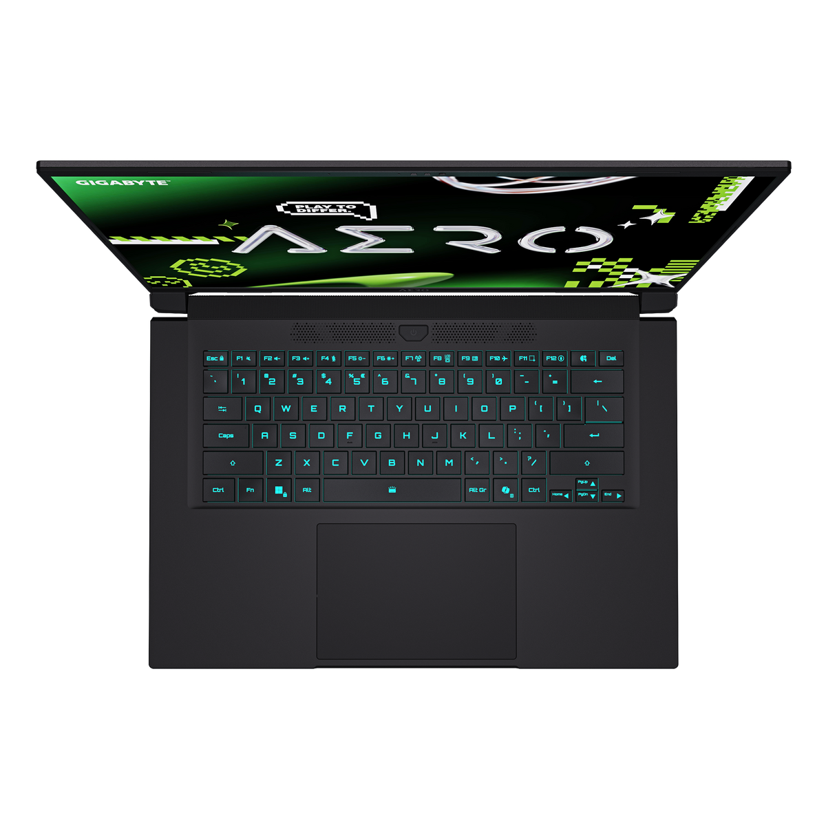 Portátil negro, vista superior, abierto. La pantalla muestra gráficos verdes, el teclado tiene retroiluminación verde.