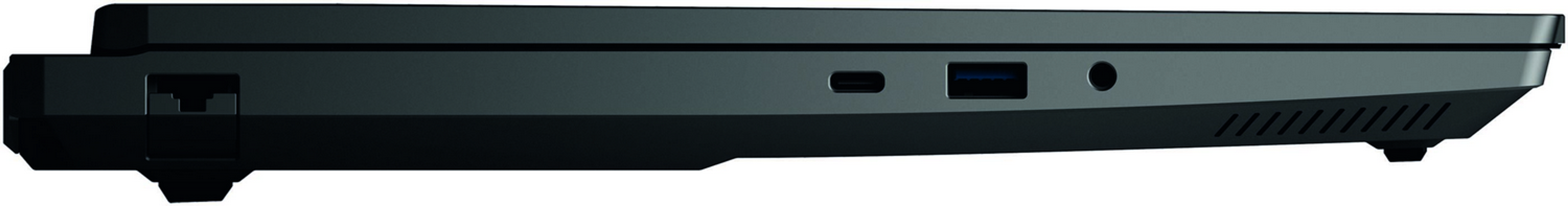 Vista lateral de una laptop negra que muestra puertos, incluyendo USB y Ethernet.