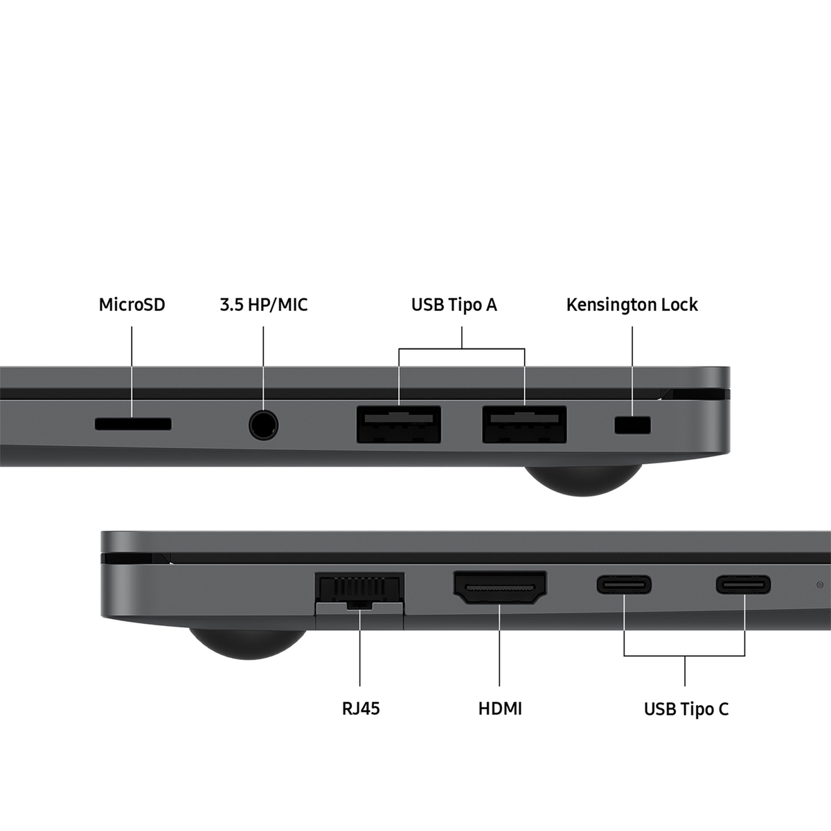 Primer plano de puertos de portátil. Incluye MicroSD, audio, USB, HDMI y USB-C.