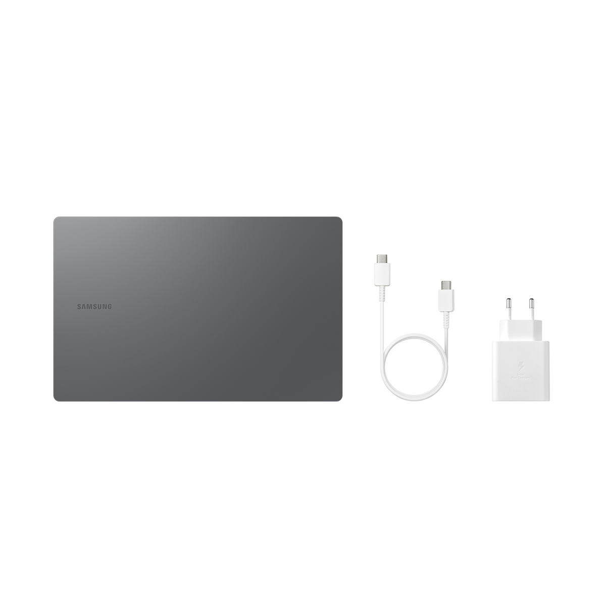 Accesorios para portátiles Samsung. Cargador, cable de carga y base del portátil mostrados.