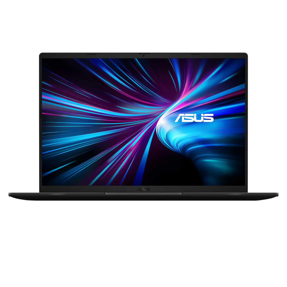 Una laptop ASUS negra, abierta. La pantalla muestra un diseño azul-morado. Logo ASUS abajo.
