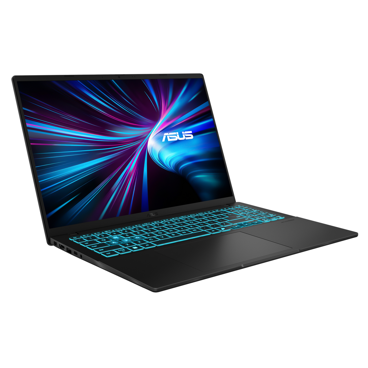 Portátil negro con teclas retroiluminadas azules. La pantalla muestra un fondo abstracto colorido con el logo ASUS.