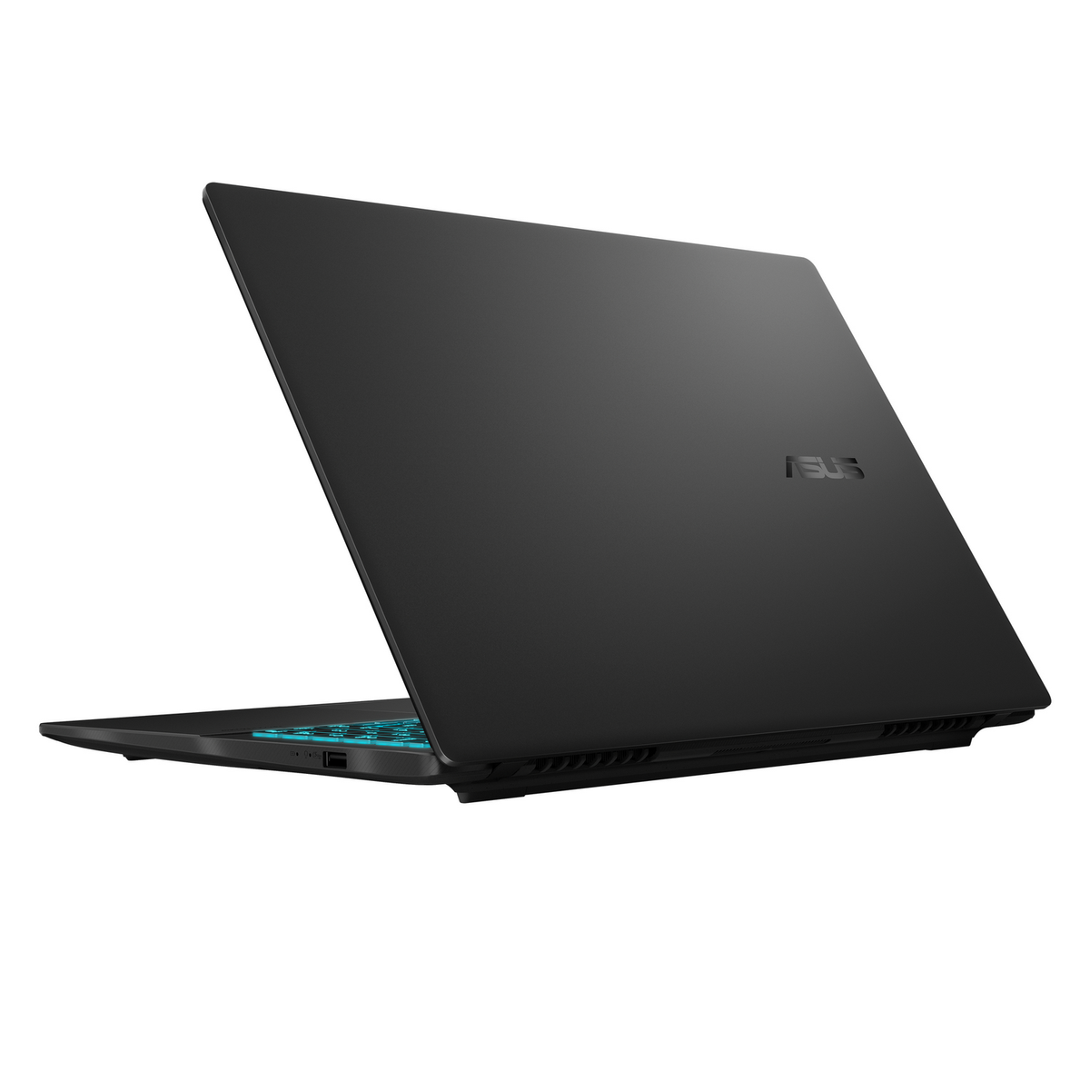Laptop negro, vista trasera. Logo ASUS en el centro. Parte inferior azul claro.