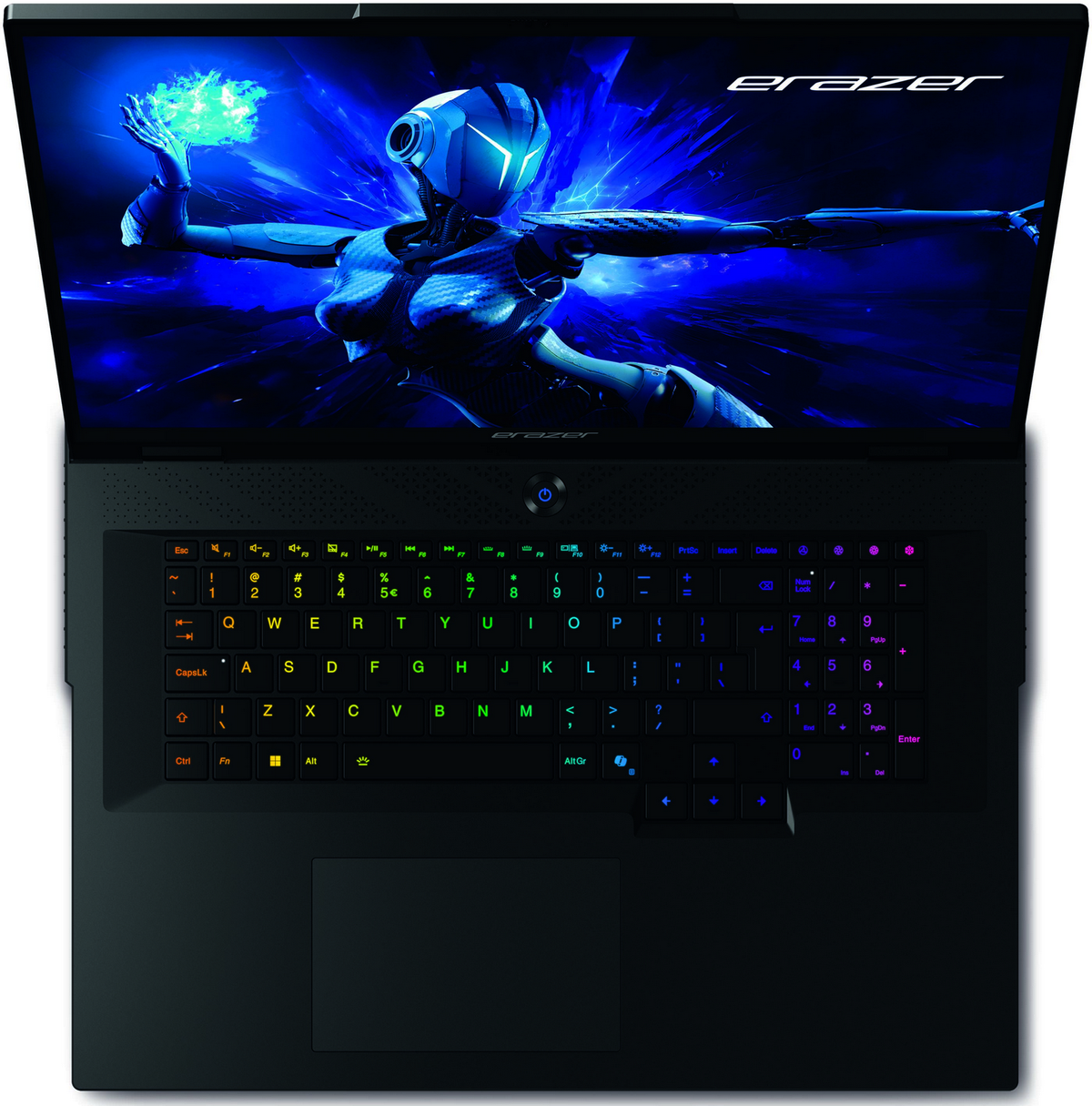 Un portátil negro con teclado iluminado con varios colores, con imagen abstracta en pantalla.