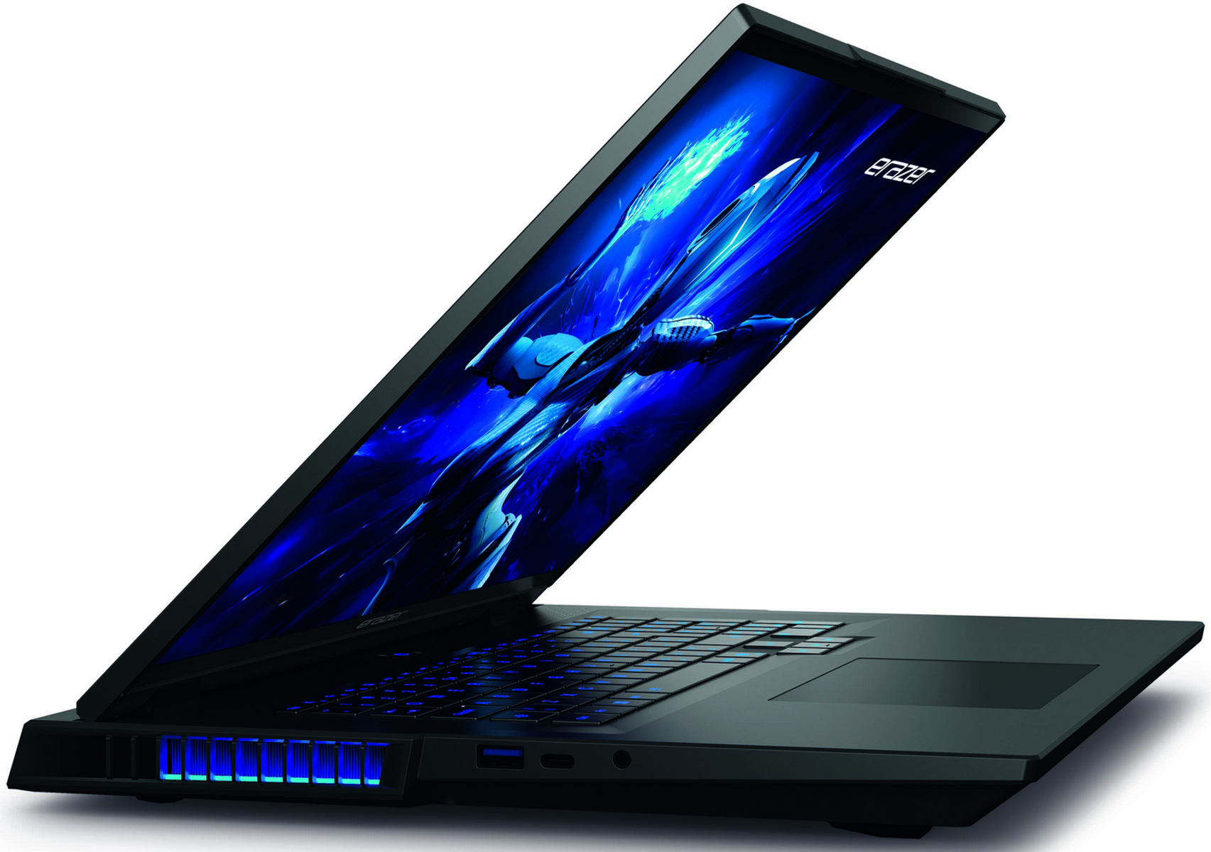 Portátil negro con luces azules en el lateral. La pantalla muestra una imagen futurista. La marca es "Erazer".