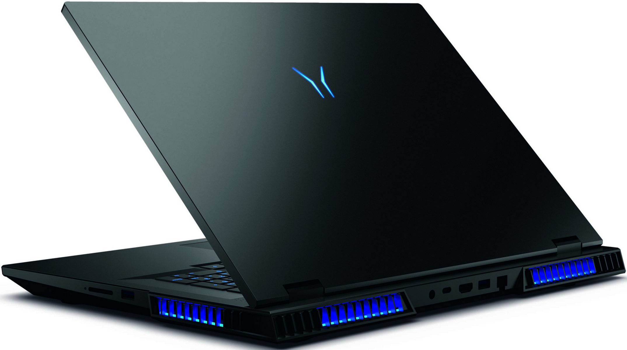 Portátil negro abierto, con un logo azul en la parte trasera y luces azules. La pantalla es negra.