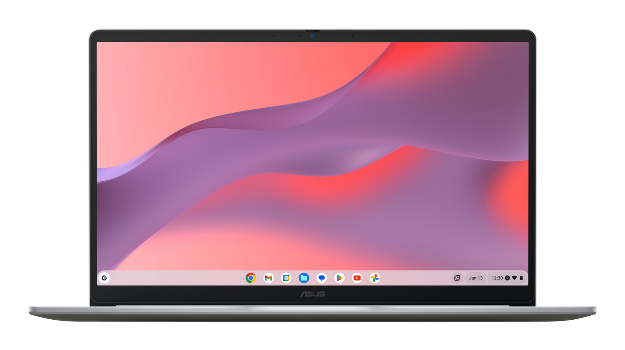 Portátil plateado que muestra una pantalla con un fondo colorido. La marca es ASUS y el logotipo de Chromebook.
