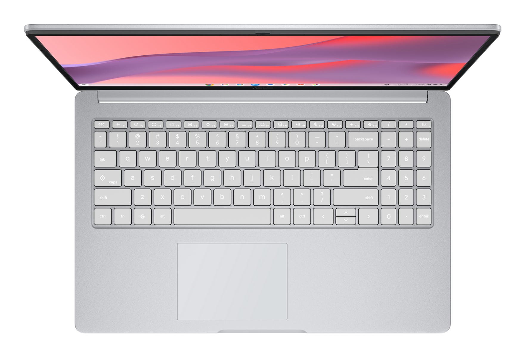 Vista superior de un portátil plateado con la pantalla abierta. Se ven el teclado y el panel táctil.