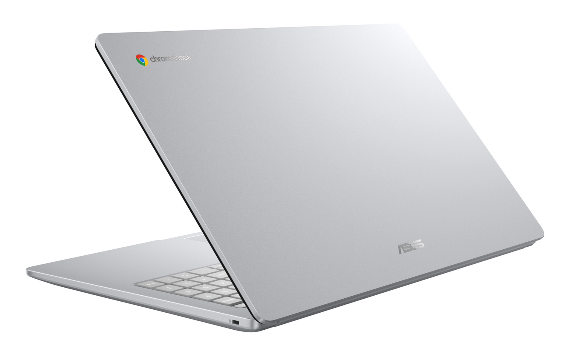 Portátil plateado con la tapa cerrada y el logotipo de Chromebook en la parte superior. La marca es ASUS.
