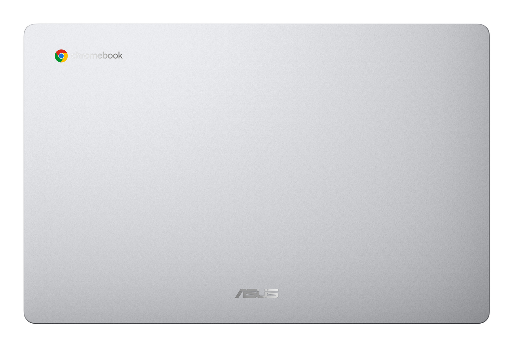 Portátil cerrado, mostrando la parte trasera con el logo de chrome book y el logo de ASUS, sobre fondo blanco.