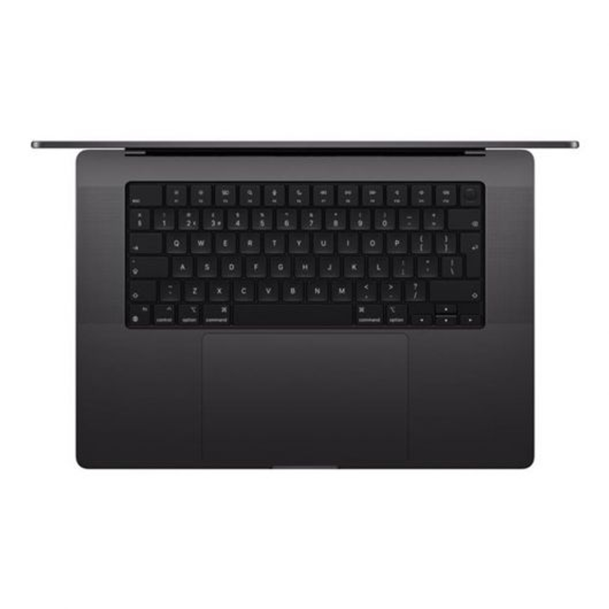 Ordinateur portable noir, vue de dessus, clavier visible, pavé tactile et écran sombre.