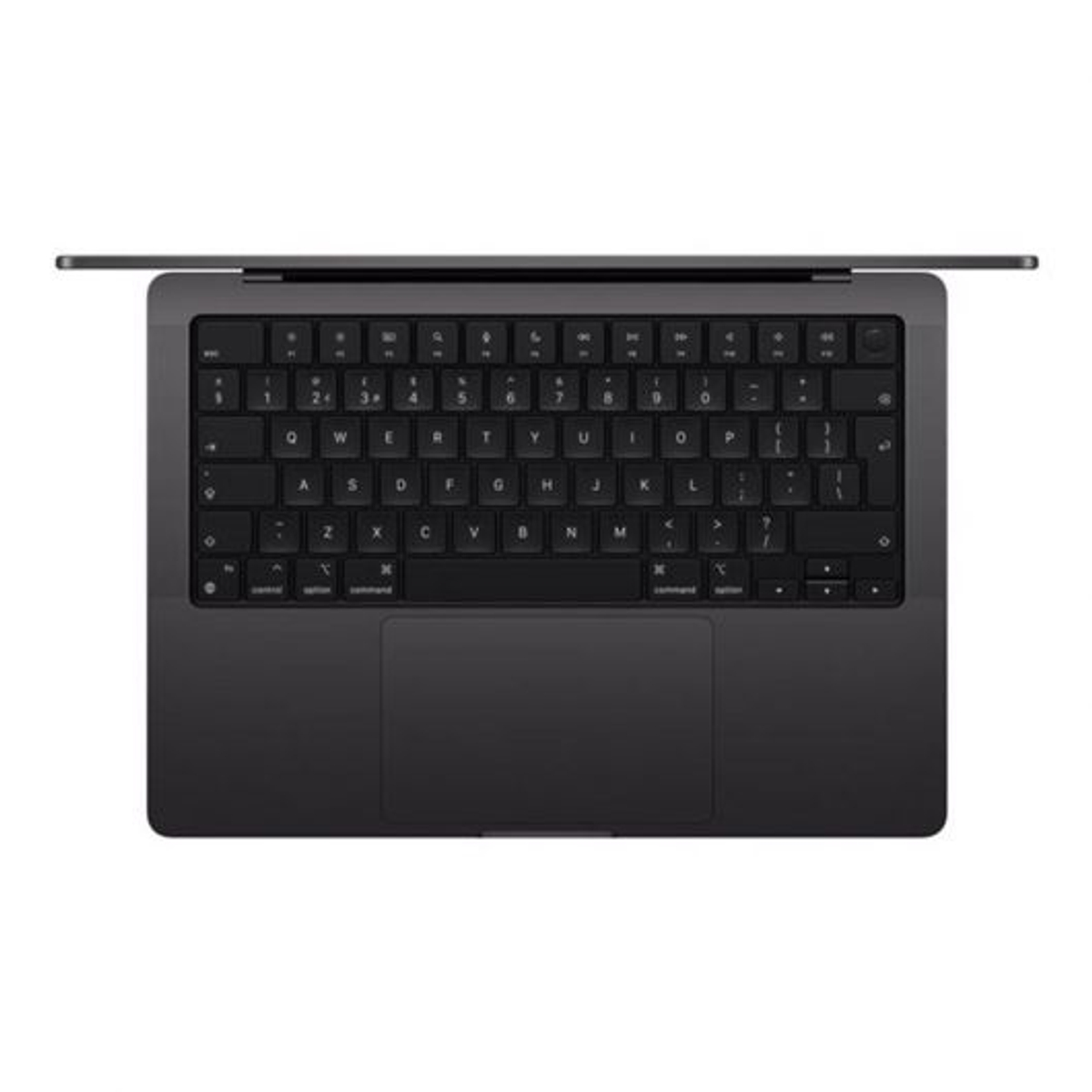 Widok z góry na czarnego laptopa z ciemną klawiaturą i gładzikiem.