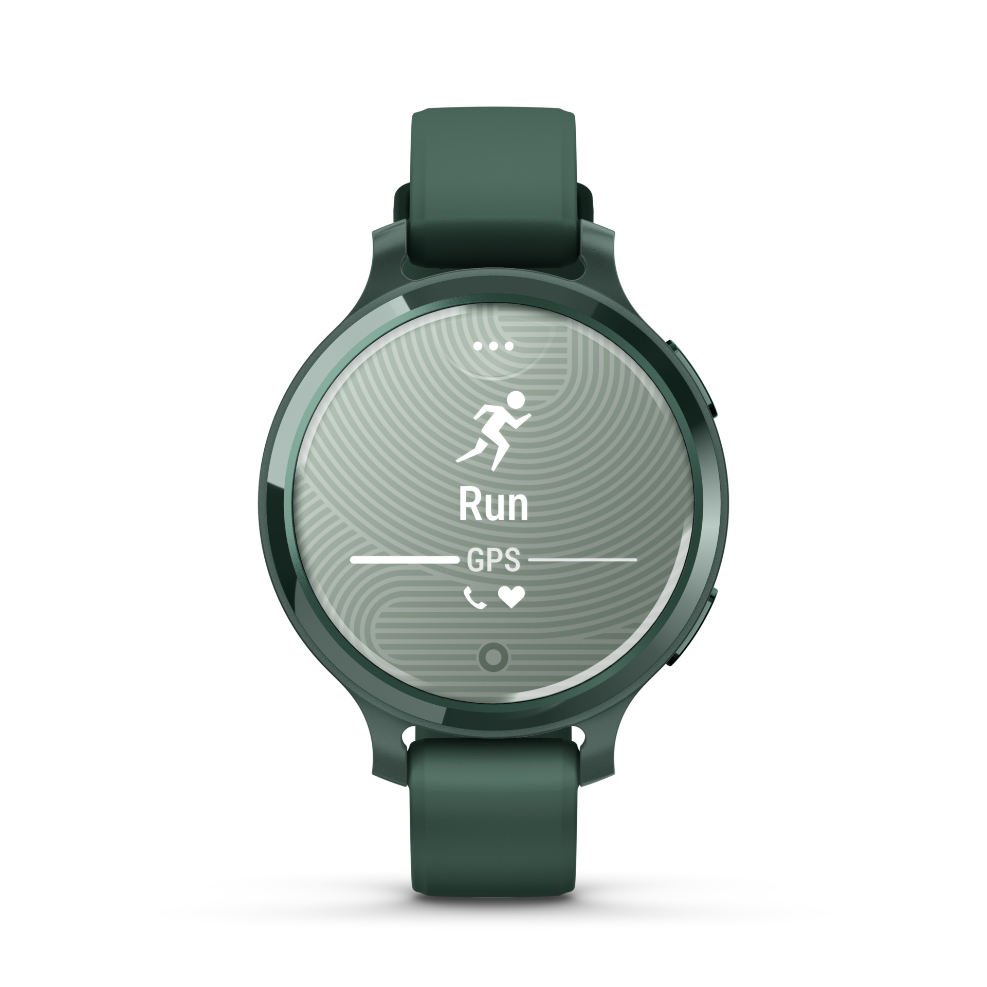 Un smartwatch verde mostrando un icono de correr con 'Run' y 'GPS'.