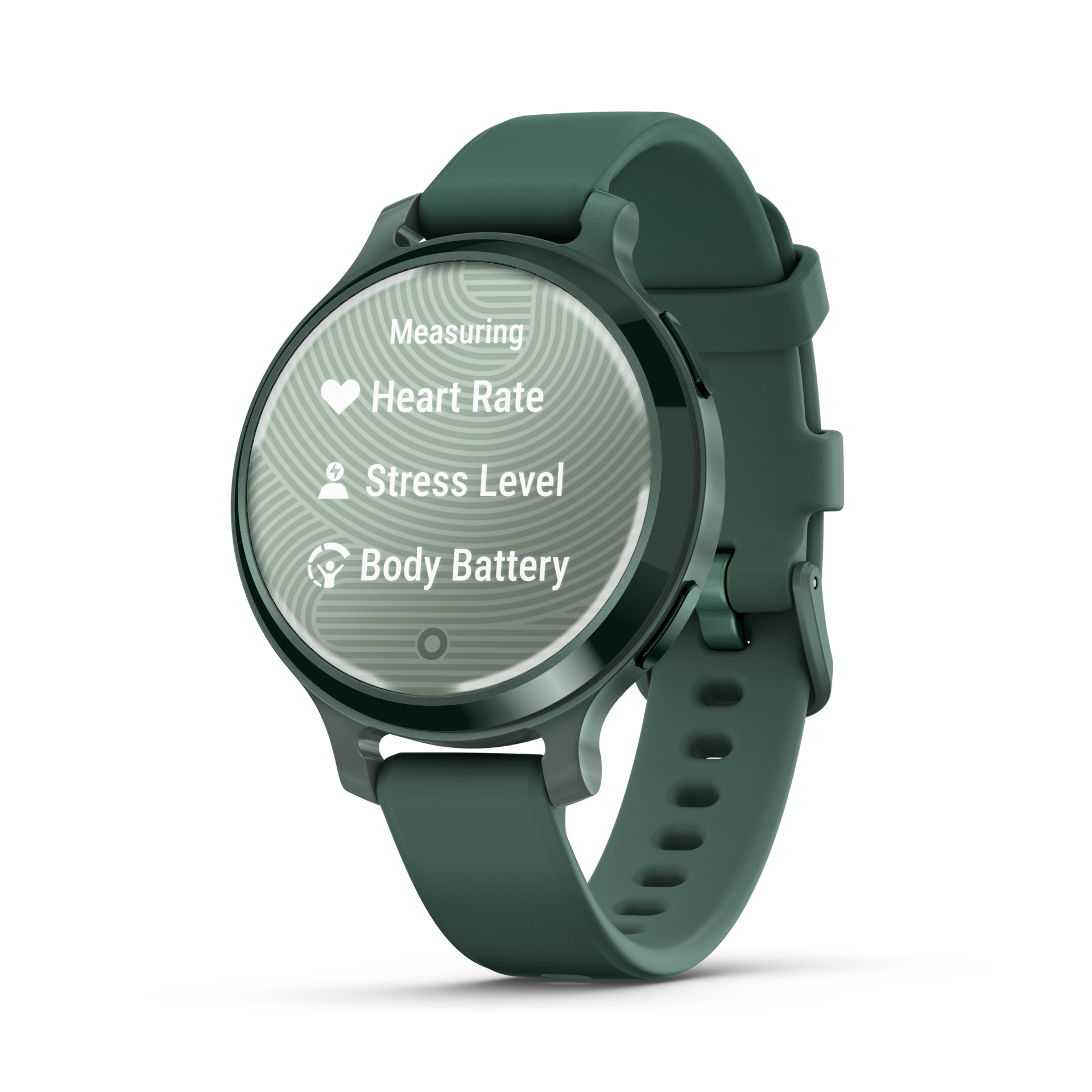 Reloj inteligente verde que muestra la frecuencia cardíaca, el nivel de estrés y la batería.