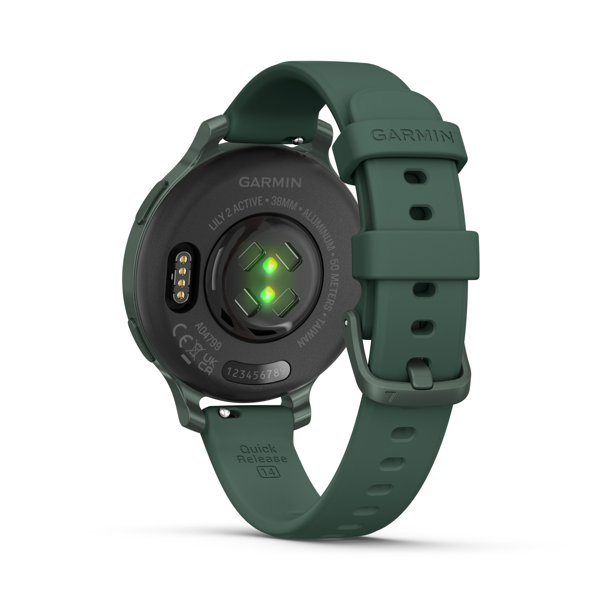Parte trasera de un smartwatch verde, mostrando sensores y puerto de carga.