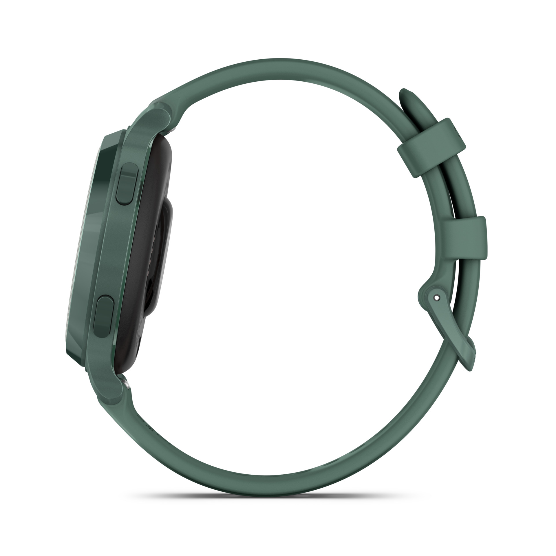 Una vista lateral de un reloj inteligente verde con una banda a juego, sobre un fondo blanco.