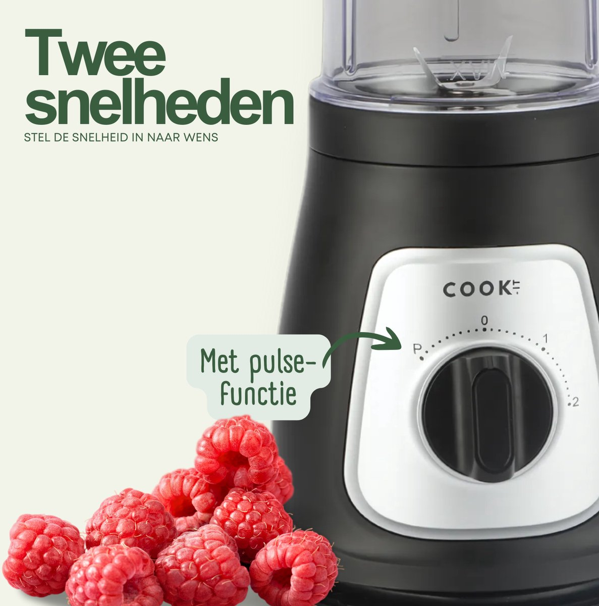 Close-up van een zwarte blender met frambozen. Het heeft een witte wijzerplaat met instellingen en de tekst "Cooke".