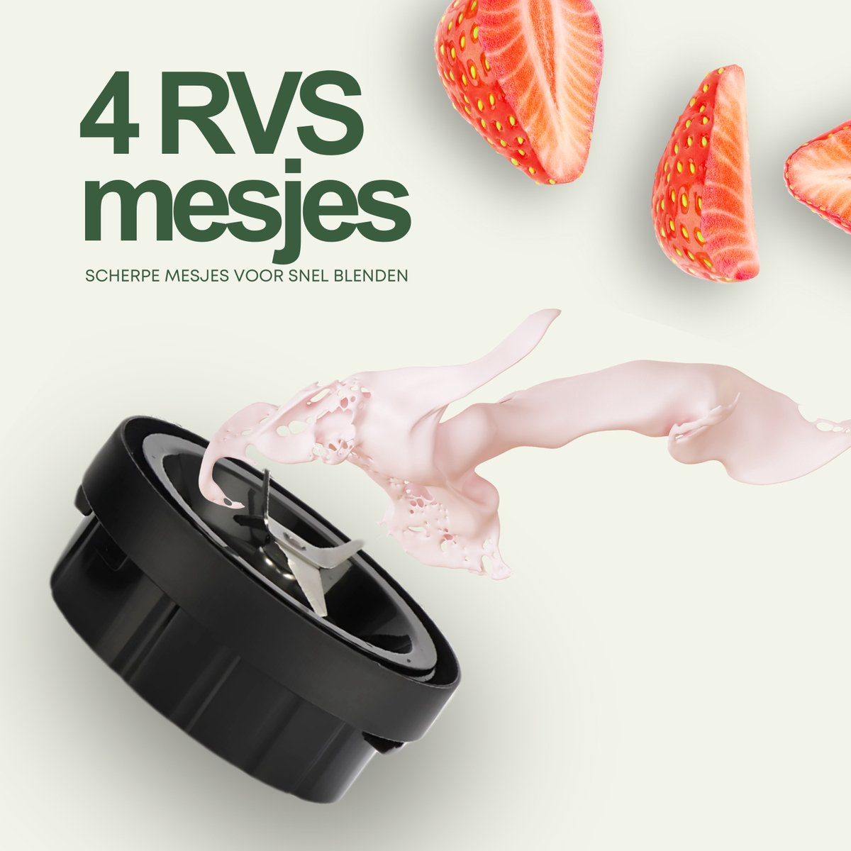 Blendermes met roze smoothie splash en aardbei plakjes op een lichtgroene achtergrond.