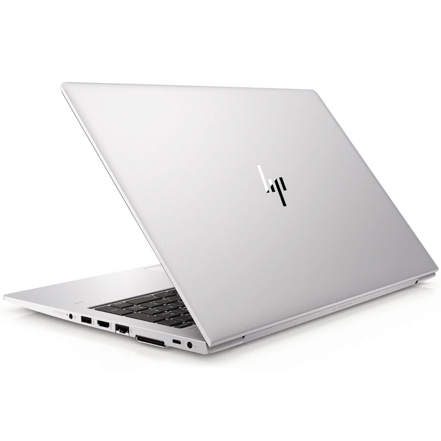 Laptop plateado con la parte trasera mirando a la cámara. El logo de HP es visible.