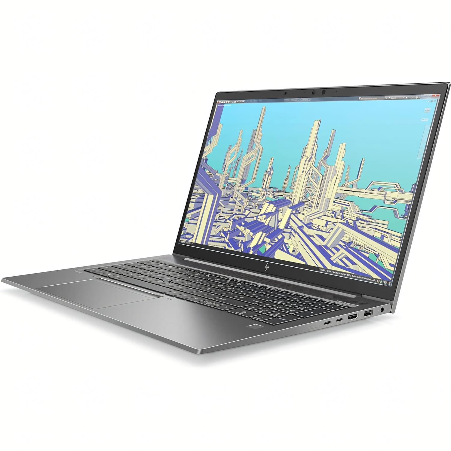 Laptop plateado con una pantalla que muestra un diseño de ciudad futurista. Vista en ángulo.